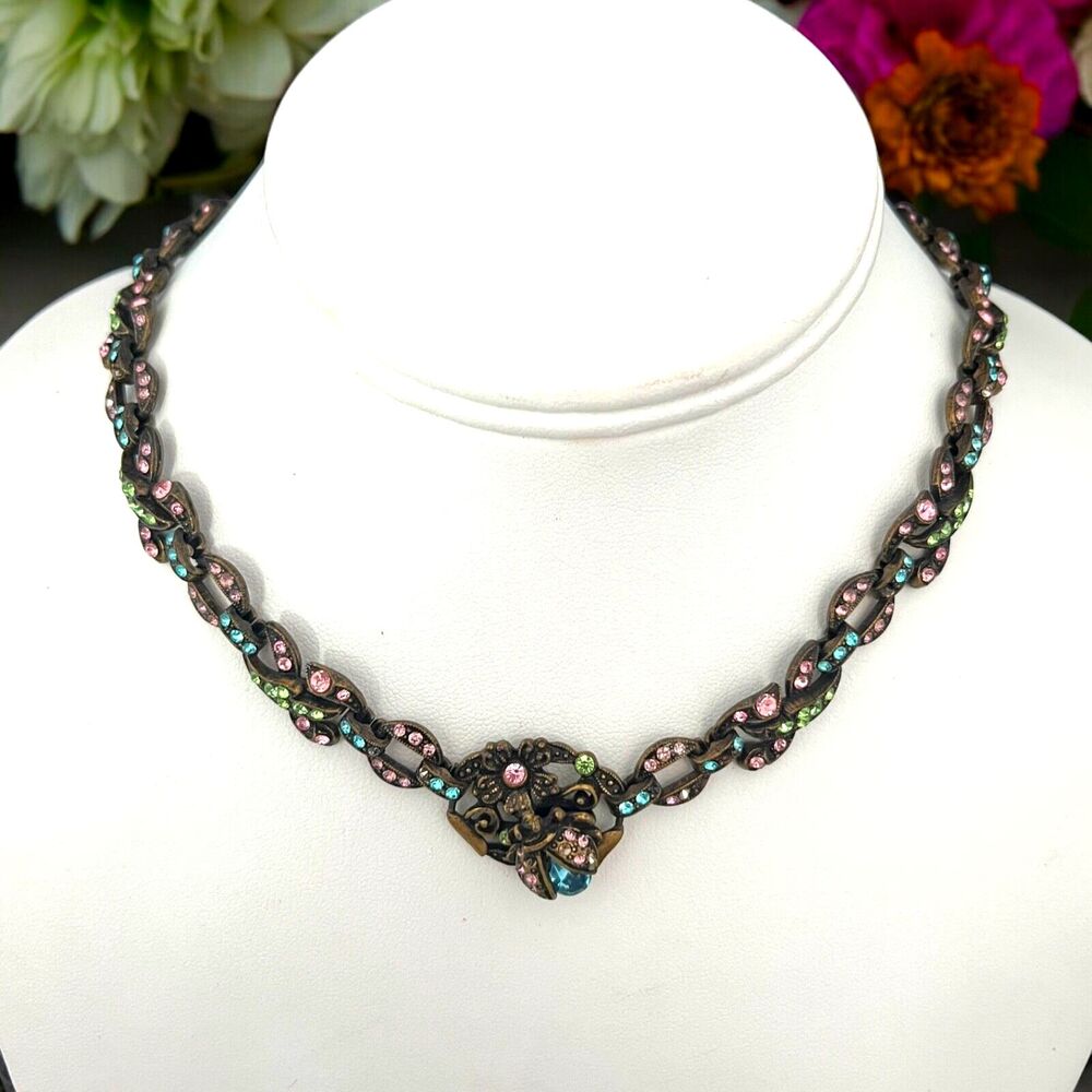 Sweet Romance Ladybug Flower Necklace Crystals Antiqued Brass Tone - 7V